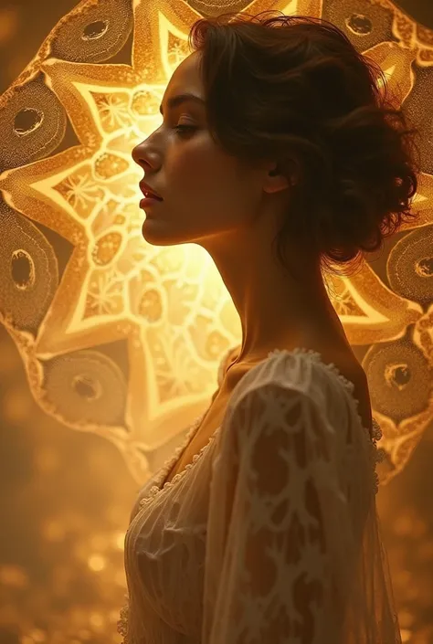 Woman between fractals with soft sepia lighting 