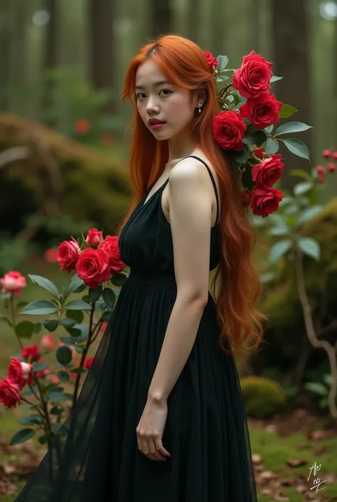 A captivating fashion editorial photograph with a Romanticism theme. A beautiful korean woman chubby looking at the camera with soft and pale skin, ginger long hair is wearing a flowing black dress in a lightweight fabric. Theres a magical scene of a a sta...