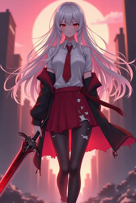 Anime girl sexy body white silver hair very red eyes with a red skirt and a torn jacket and a shattered shirt black tights white sneakers shattered red tie and she has long hair big breasts very beautiful background of the shattered skin her shattered clot...