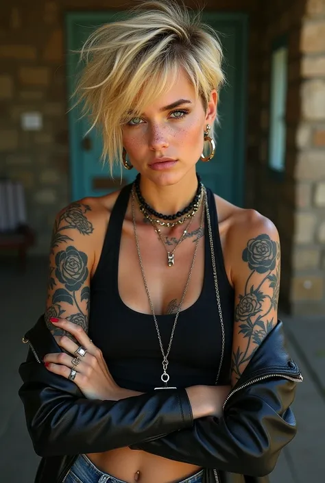 Create an image of a strong and independent woman with a tomboy style. She has short, messy blonde hair and a sun-kissed tan, with freckles scattered across her cheeks and nose. Her piercing eyes radiate confidence, and her expression is serious yet approa...