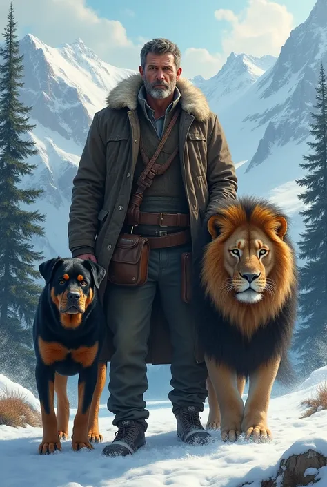 A man accompanied by a rottweiler and a lion 

Mountain decor with snow