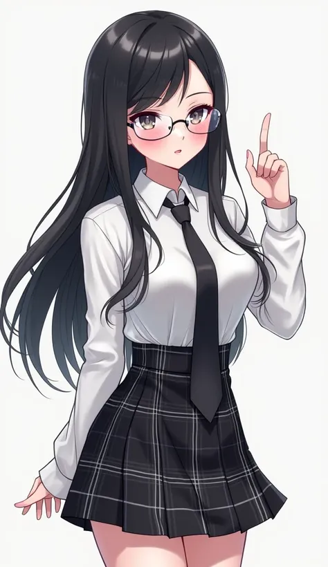  young Japanese,  long black hair , gray eyes, high,  glasses transparent, casual clothes,  black plaid miniskirt with white , fly away, distracted,  pink eye shadow on eyelids,  pink matching the shade ,  highlights on the front of the face,  hourglass sh...