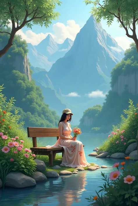 Make a mountains coverd with trees and under have river with stones and have a girl setting on the  bench with caps and beautiful dress having flowers in hands 