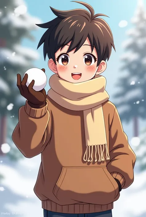 Young adult anime boy wearing winter clothes and a snow ball in his hand looking at us and smiling 