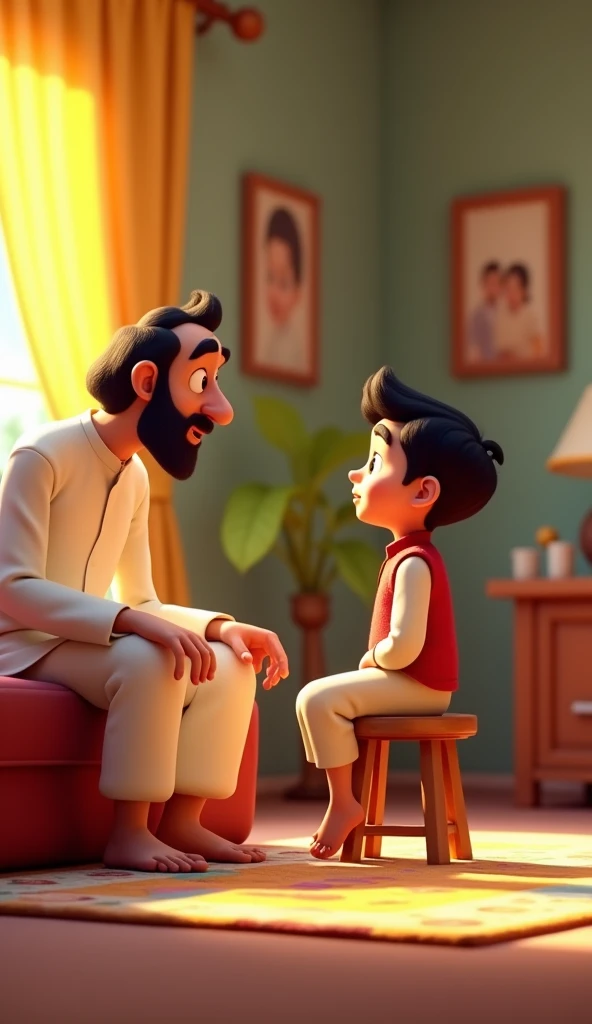 A 3D Pixar-style cartoon scene in a living room. The father, still seated in his off-white shalwar kameez, leans forward slightly with a curious expression, asking, Woh kaunsa dukh hai? Papu, the young boy in his white shirt and red vest, sits upright on t...