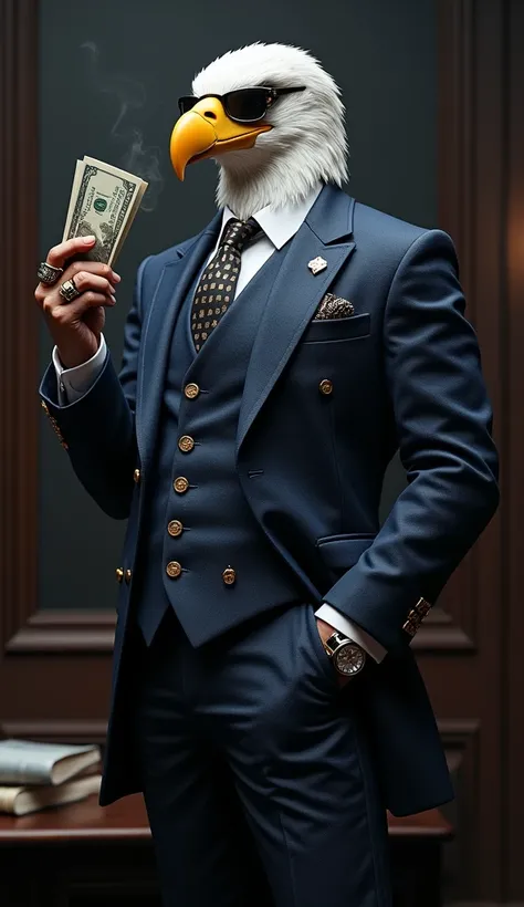 Eagle:
"A sophisticated anthropomorphic eagle dressed in an elegant navy-blue three-piece suit with intricate textures, wearing a black fedora and a crimson tie. The eagle is holding cash in one talon and smoking a cigar, exuding a confident and commanding...