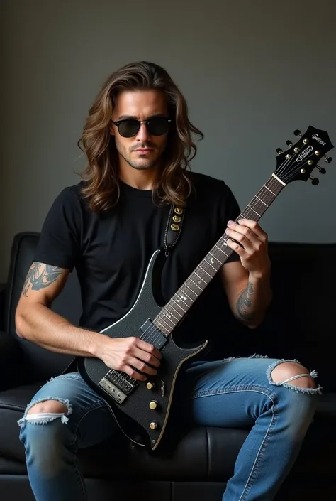 A handsome man with long hair wearing a black t-shirt and black Ray-Ban glasses and ripped jeans is playing a Jackson seven-string guitar on a black Doft