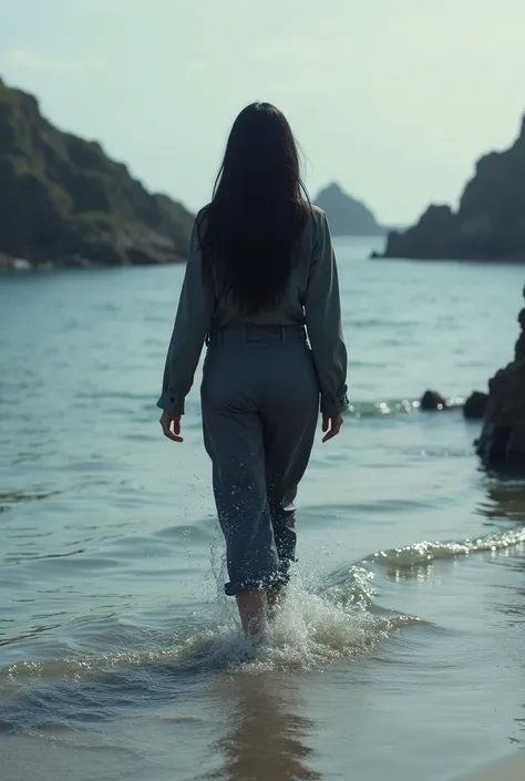 Femme brune cheveux mi long raide qui marche dans l’eau de dos  en Bretagne. 
L’eau arrive en dessous des genoux