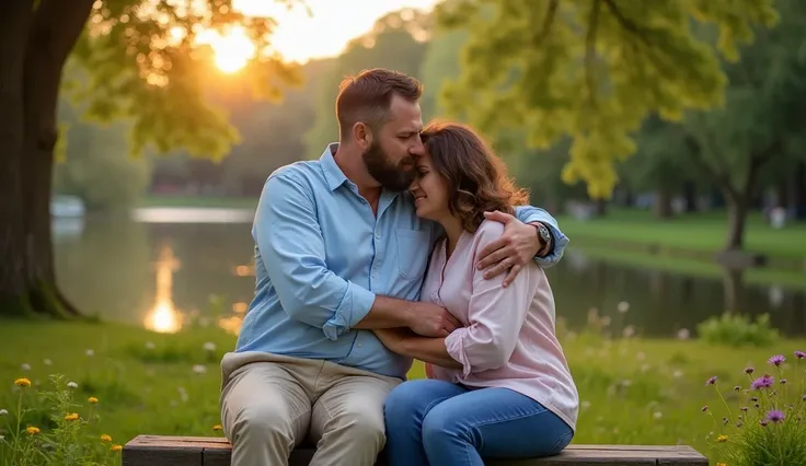 In a quiet park in the late afternoon, a man of about 45 with short dark brown hair and a neatly trimmed beard wears a light blue long-sleeved shirt with the sleeves rolled up to his elbows and beige pants. He sits on a slightly weathered wooden bench surr...