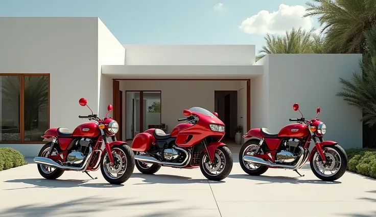 A left side view of Retro Motorcycles 2025 stand in luxury white house and the colour of this bike is bright red ♥️ hue