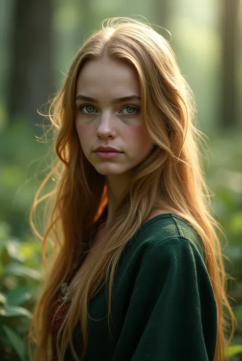 Give me a image of a long straight blonde hair girl with green eyes, that is daughter of Harry Potter and Ginny Weasley 