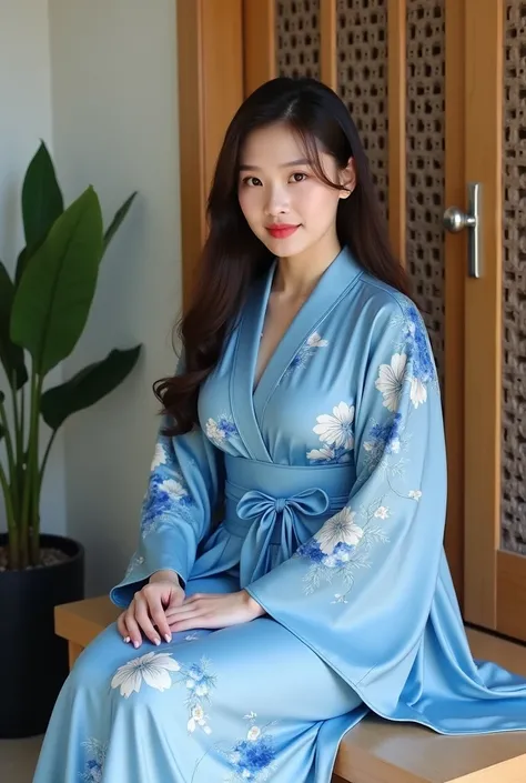 A medium-sized, large-breasted Asian woman, wearing a very tight blue kimono decorated with blue flowers, sits on a light-colored wooden bench. She has a blue ribbon tied around her waist, which makes her outfit look more charming. Her long, dark brown hai...