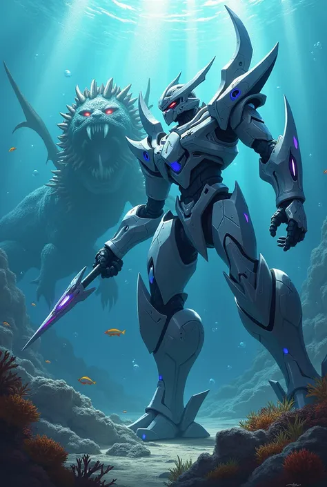 A massive mecha is fighting a giant sea monster, featuring a sharp, powerful mechanical design with colossal weapons such as an energy spear or plasma blade. The mecha has a futuristic design, with light emanating from gaps in its body, predominantly metal...