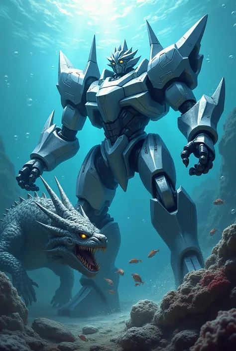 A massive mecha is fighting a giant sea monster, featuring a sharp, powerful mechanical design with colossal weapons such as an energy spear or plasma blade. The mecha has a futuristic design, with light emanating from gaps in its body, predominantly metal...