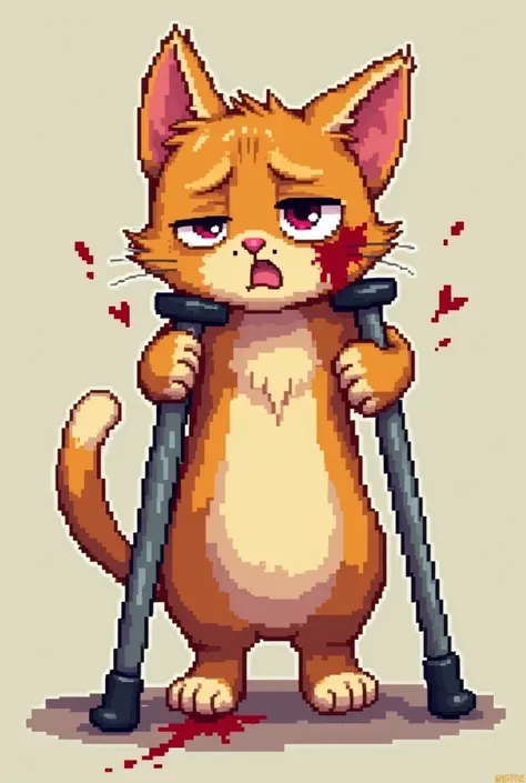  Extremely sore cat , Tearful, With sales,  broken bones and crutches , made with pixelart ,  similar to the cat you want in the game Catjump when you run out of attempts.  That both the drawing style and the cats posture are similar to the scene in questi...