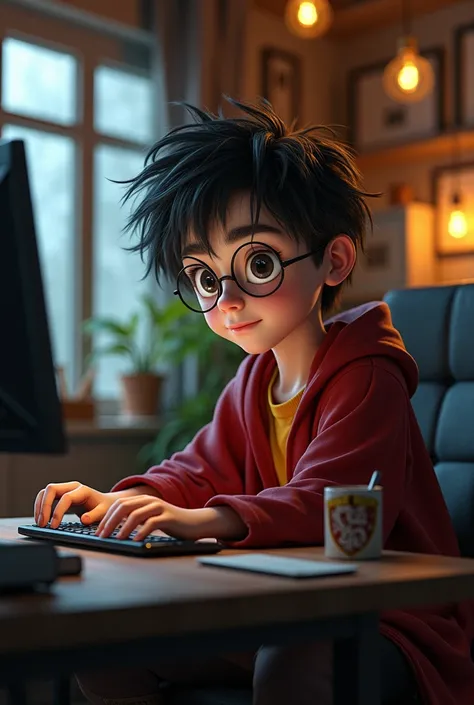 Make a  sitting in front of a computer looking like harry poter