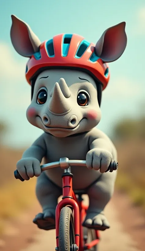 " An extremely cute rhinoceros ,  with a soft gray skin and realistic details ,  riding a bike .  The rhinoceros has an adorable and friendly expression ,  with big eyes and a gentle smile .  He wears a cycling helmet that matches the vibrant color of the ...