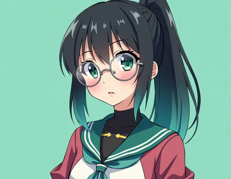 Create a girl in the anime style Jujutsu Kaisem with the garters uniform with her hair tied full black with teal on the tip wearing round transparent glasses