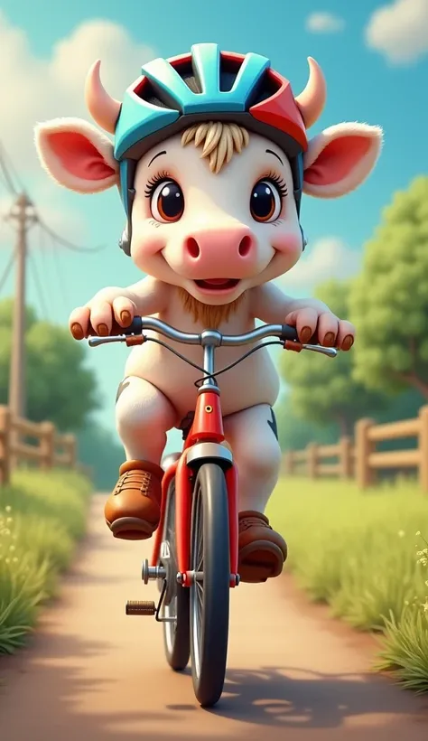 " An extremely cute cow ,  with soft fur and detailed spots ,  riding a bike .  The cow has a sweet and expressive look ,  with big soft eyes and cute ears .  She wears a cyclist helmet that matches the vibrant color of Bicycle, whether red or blue ,  crea...