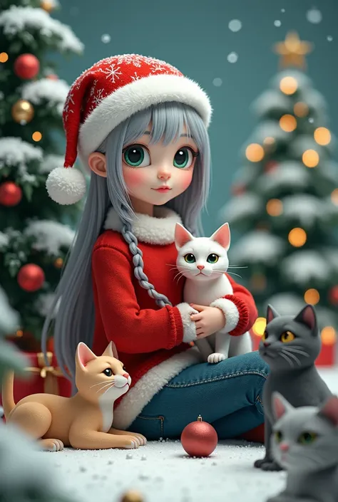  Girl sitting in the snowy snow dressed in a Christmas sweater and jeans with a Christmas hat gray hair green eyes surrounded by Christmas trees with spheres and lights in 3d, Some lying on the floor in her lap a beige cat with white yellow eyes watching h...