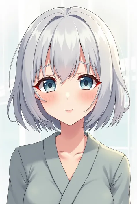 She looks like a mature woman with a cold aura, Her short bob cut does not reach her shoulders, Her bangs are completely covered, Her hair color is white. Her eyes have beautiful eyelashes, She has light blue eyes. The area around her eyes is slightly red....