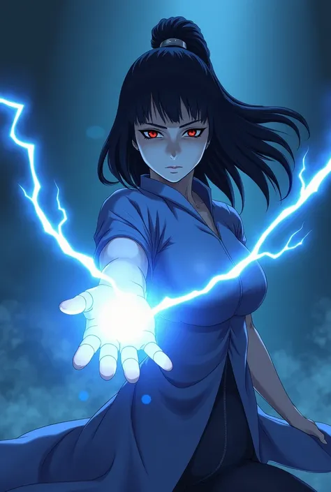 a hinata hyugya doing chidori . dark blue background