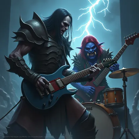  Undead warrior from World of Warcraft ,  pale skin vomited,  shoulder-length dark hair ,  slightly hunched , plate armor ,  plays electric guitar ,  next to him is a troll shaman from Zandalar in World of Warcraft  , lanky, blue skin, scarlet shoulder len...