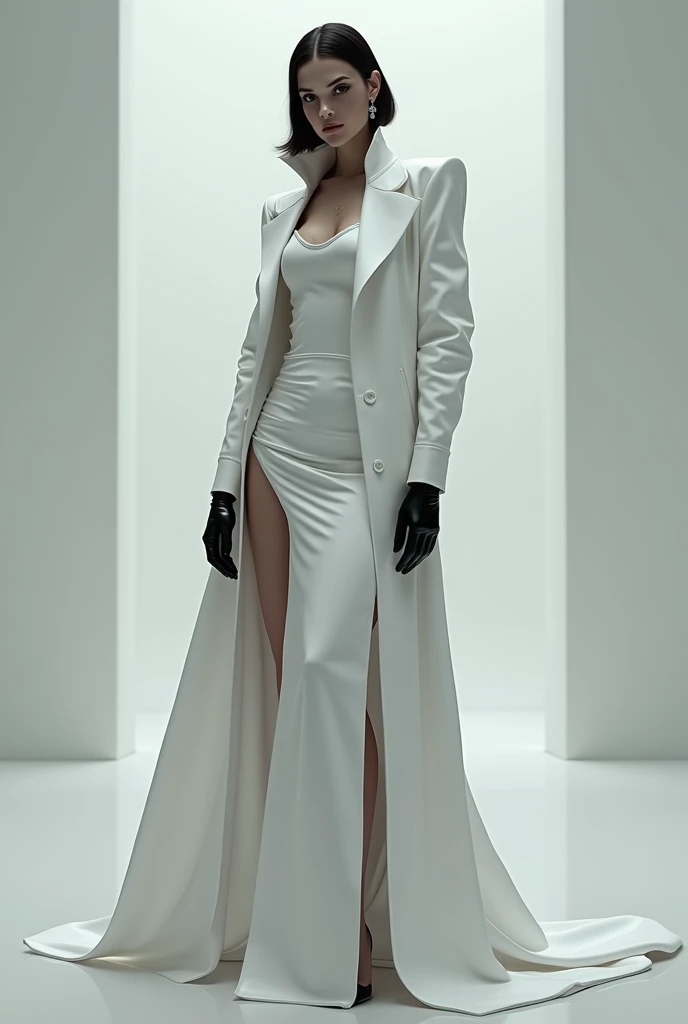 Wearing a long white jacket with long tight white skirt with latex black gloves