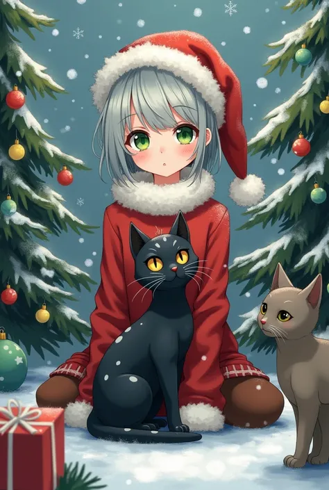 White girl with green eyes short gray hair Christmas hat covering her hair ,  sitting snowing with Christmas trees with spheres and lights with a black cat with white spots on her lap yellow eyes with another black cat brown eyes and another gray color wit...