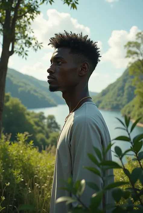 A african young man in a beautiful scenic environment of peace and solitude.