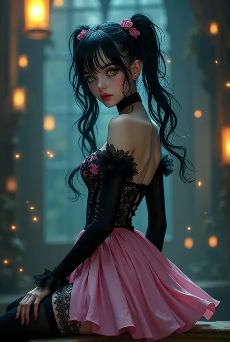 goth girl,1girl,gothic pink,cute goth girl, 17-year-old goth girl,ominous girl, dreamy gothic girl,glow,

(small breasts:1.4),((twintails,black hair)),(((green_eyes:1.3))),intricate eyes,beautiful detailed eyes,symmetrical eyes,((((pale skin,lustrous skin:...