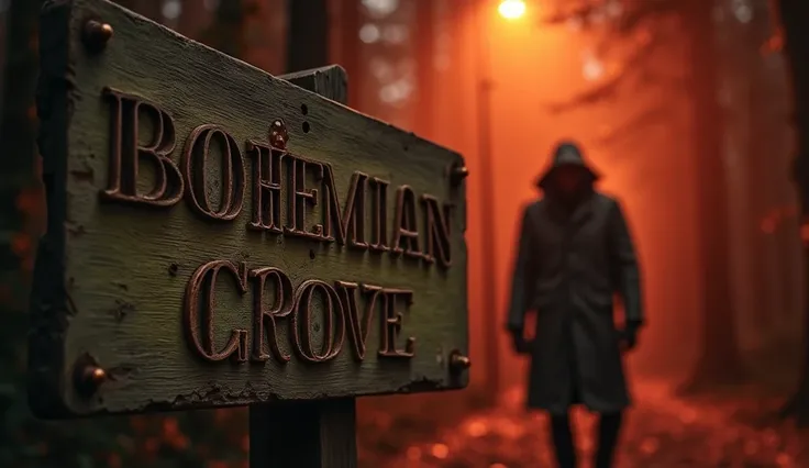 A dramatic close-up of a weathered wooden sign reading Bohemian Grove in the foreground, with a blurred figure in the background staring ominously at the camera, illustration realist, street light in gold and red tones, cinematic quality, 8k, 3D photograph...