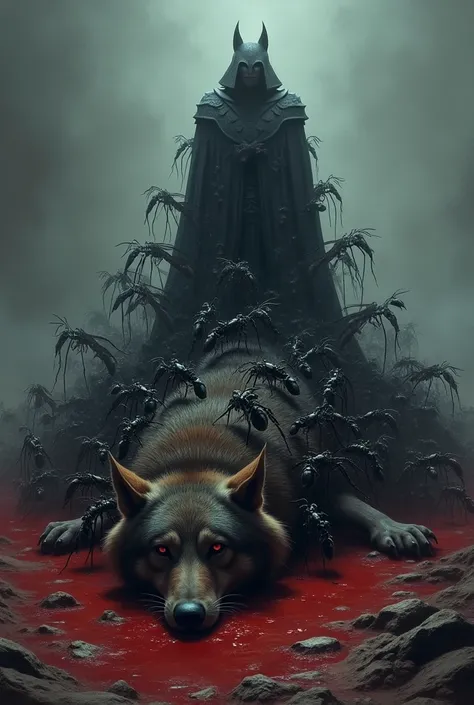 A powerful black ants army is kill and stands atop of the bloodeid lifeless wolf in a deep background.