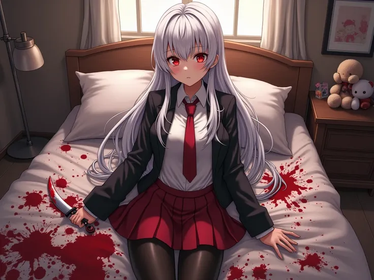 Anime girl sexy body white silver hair very red eyes with school uniform black jacket white shirt red skirt black tights white sneakers red tie and a knife covered in blood she is in her room with a bed stuffed animals covered in blood and her bed there is...