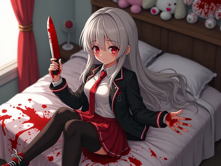 Anime girl sexy body white silver hair very red eyes with school uniform black jacket white shirt red skirt black tights white sneakers red tie and a knife covered in blood she is in her room with a bed stuffed animals covered in blood and her bed there is...