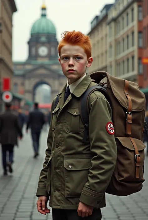 A Dutch ginger boy . He has hitlers haircut but without the Moustache. He is in berlin. He has a really big backpack. Its 1 by 1 by 1 meters.