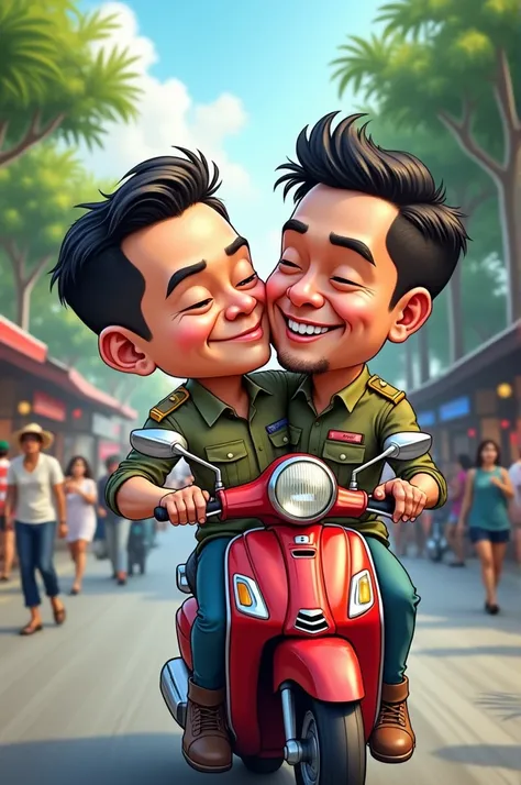 Make a caricature of a 40-year-old Indonesian man with a slightly stocky sweet face riding a scooter and boning with a handsome Indonesian soldier of the same age