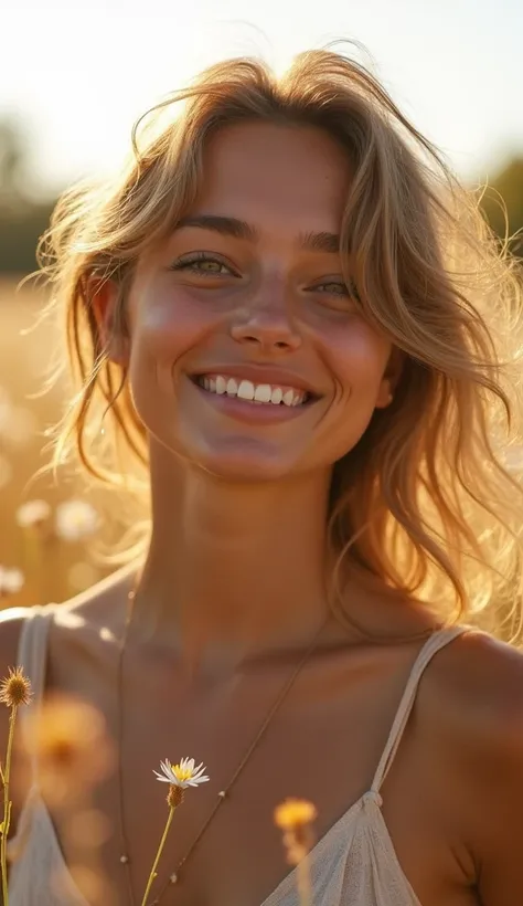 a so beautiful very very sexy young woman standing in a field of flowers, glowing skin face, light brown messy hair, within radiate connection, having fun in the sun, isabella, one light, there is a glow coming from her, sunny morning, closed-mouth smile, ...