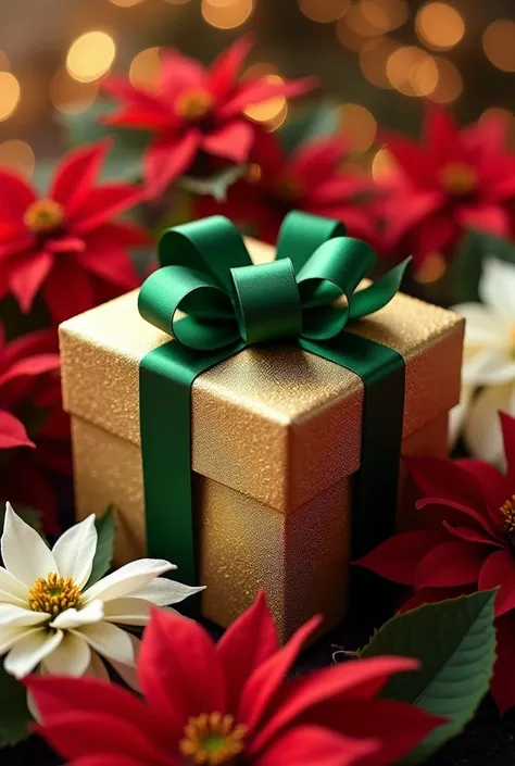 Beautiful frosted gold gift with open and unwrapped green ribbons surrounded by beautiful red and white poinsettias