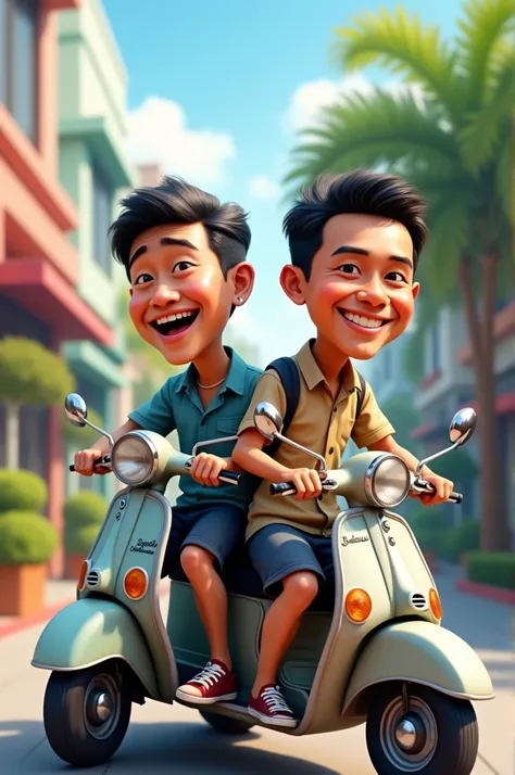 Make a 4D caricature of a sweet, slightly chubby Indonesian man wearing a casual shirt and sneakers riding a scooter with a similarly handsome Indonesian soldier