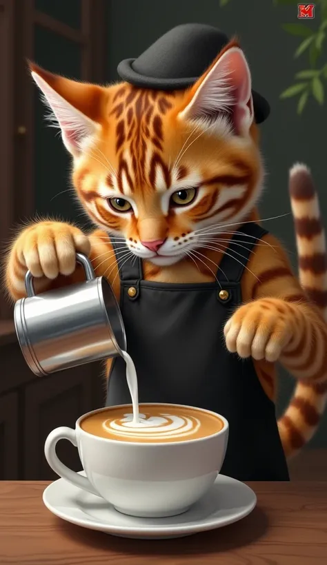 realistic image,  A kitten with a tiger feather motif clearly visible on his body ,  is carefully pouring milk into the coffee cup .  Barberry hat ista is slightly tilted on her head and the black apron worn is clearly visible.  When the latte art is finis...