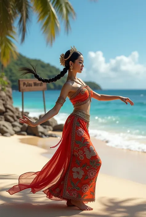  Glamorous black haired Indonesian female traditional dancer with neat braided hairstyle, dressed in traditional balinese clothes . 
Beach background with board written  " Pulau merah  "