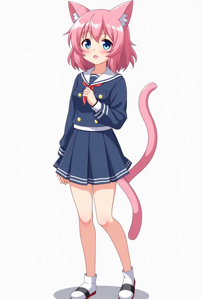 anime character of a cat with a tail and a tail, full body picture, full body details, zoomed out full body, jk uniform, blue uniform, normal legs, magical school student uniform, different full body view, legs visible, full body;, knees tucked in, sailor ...