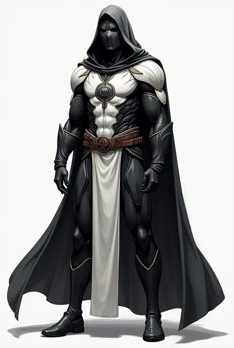 "Inevitable"  Draw a superhero costume that matches the name of this costume let the logo of this costume be the same and Islam, peace ,  represent love .  Let the colors of the costume be black and white Draw the costume very well .