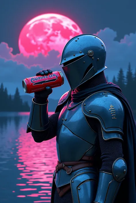  A  young knight in armor drinks a monster energy drink, against the backdrop of the neon moon, reflected in the lake .  Hand-drawn style with thick lines. Лицо спрятано за забралом. Красивая богиня эльфийка с большой грудью протягивает рыцарю святой граал...