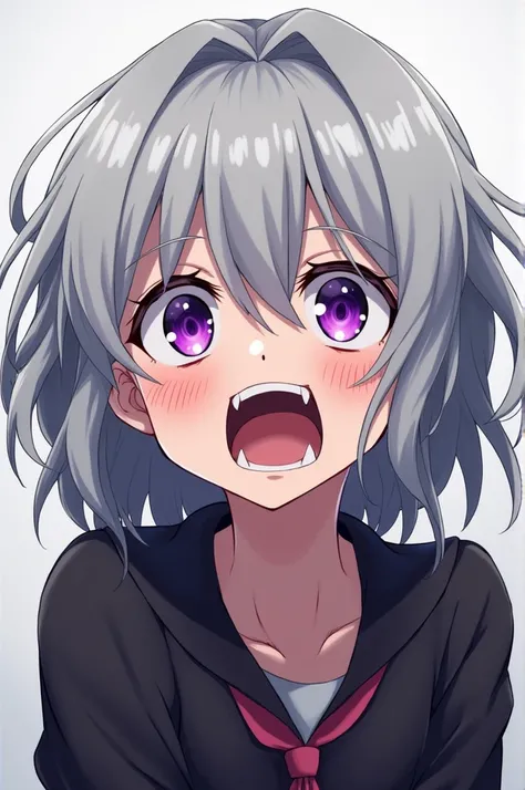 An anime girl with disheveled silver hair, purple amethyst eyes, crazy expression, wide smile, Yandere,
Close up