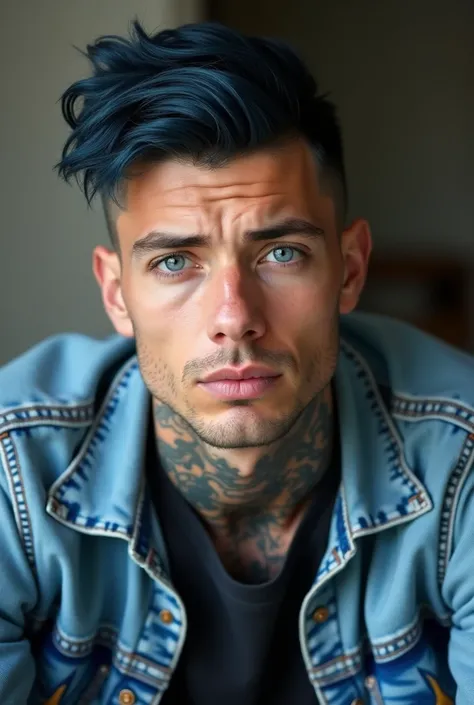  29 year old man, Dark blue undercut hair,  blue eyes , tattoos, open denim jacket , portrait, A little sideways , On the recording, 