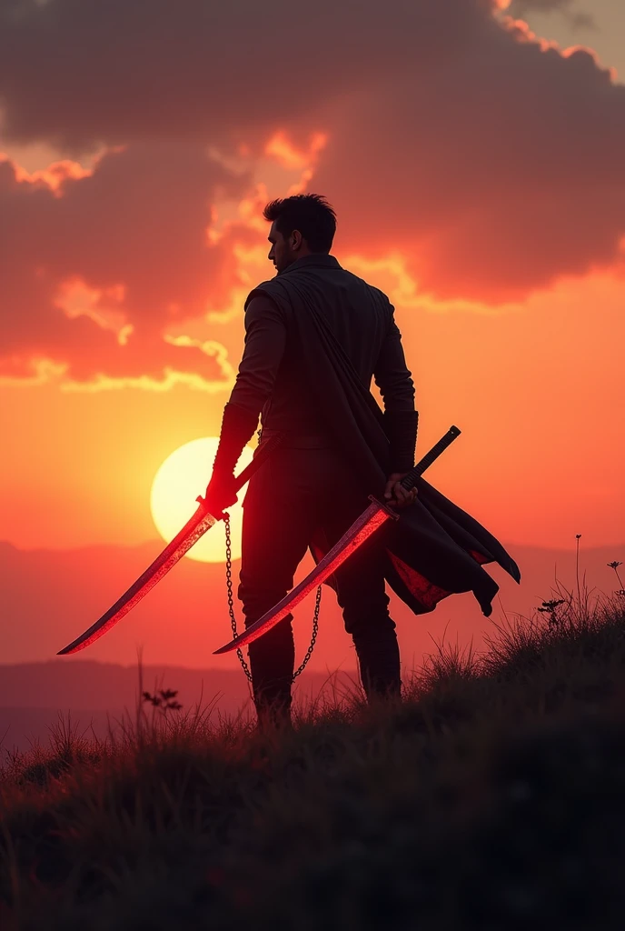 Imagine a person ,  standing on a hill or open area .  Behind him is a bright sunset ,  who paints the sky in shades of orange , pink and purple .  A man is dressed in dark clothes ,  and holds two red blades in both hands, bound together by a chain , that...