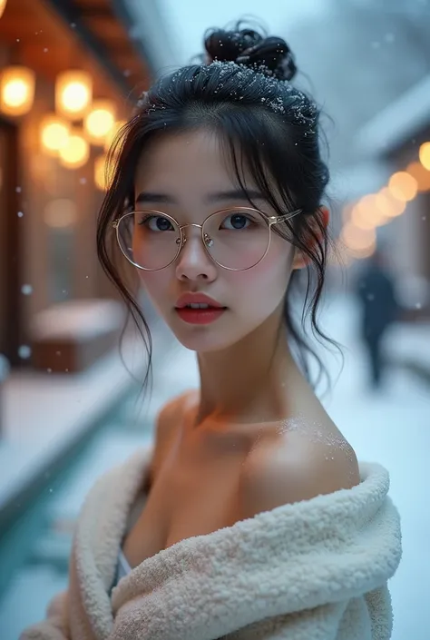  Beautiful Asian Women  , 18 years old.

  a young woman. Standing outside on a snow-covered street in the city  ,   surrounded by gently falling snow  . ,  had signs of winter cold appearing in red cheeks and pretty pale face . .  she tied her hair behind...