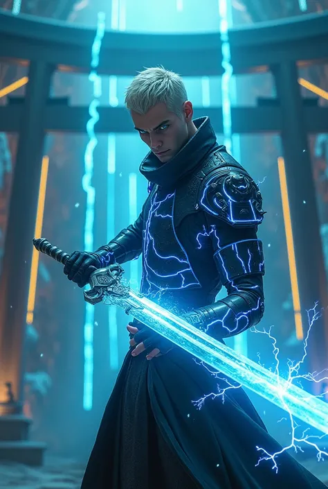 Male, pale white skin, short blonde hair, fit, glowing green eyes, strong, black eyeliner. Laser light Shinto temple background. Wearing glowing neon blue holographic armor. Holding lightning sword.